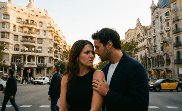 Parella en entorn urbà de Barcelona gestionant l’estrès de la feina