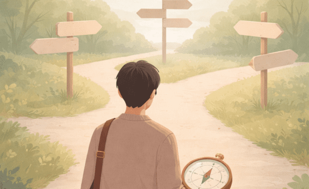 una persona amb una bruixola a les mans observa camins ple de senyals