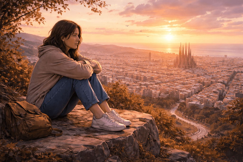 Persona reflexionant sobre la seva vida amb Barcelona al fons representant una crisi vital
