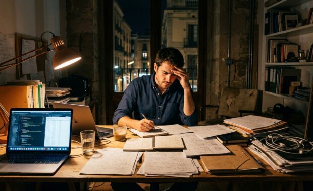 autoexigència a la feina en una oficina amb estrès i perfeccionisme