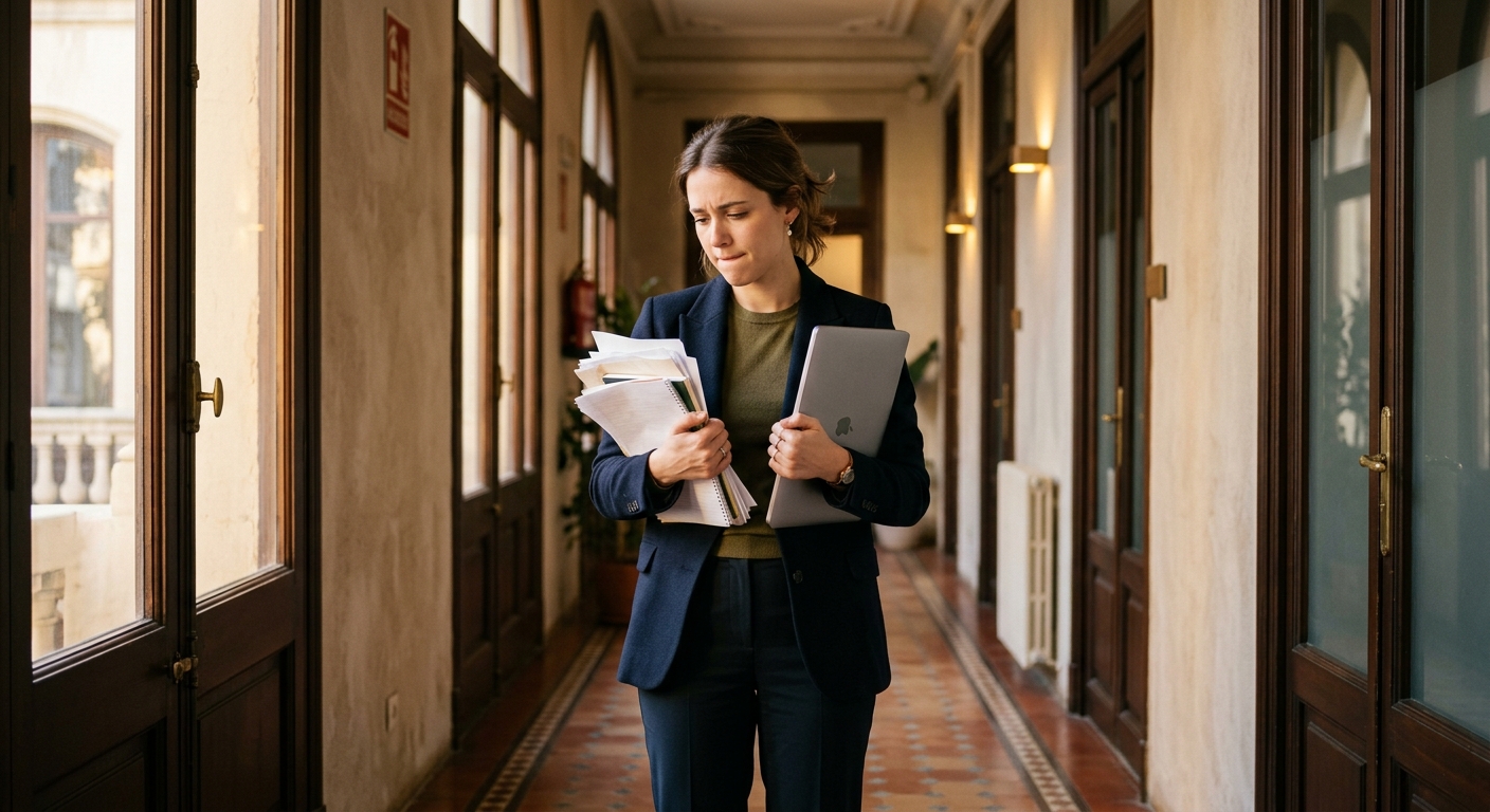 autoexigència a la feina en un passadís d'oficina amb tensió interna