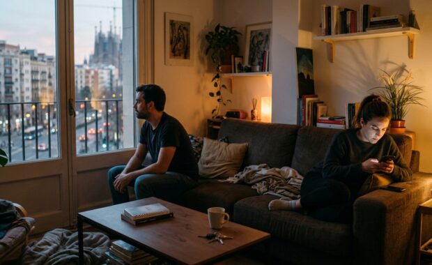 nous models relacionals: dues persones al sofà amb distància emocional