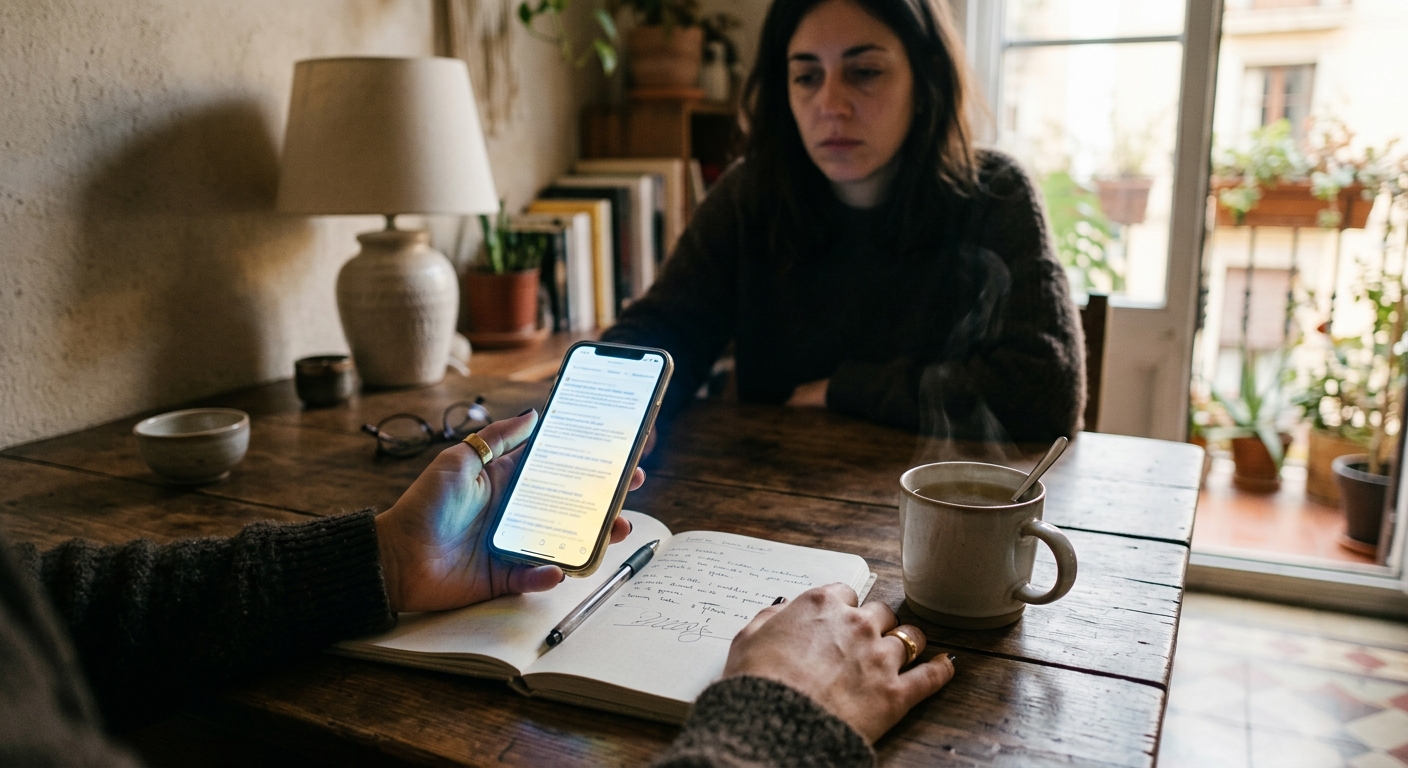 Mà amb un mòbil sobre una taula amb llibreta i tassa, en una escena íntima que suggereix cerca de respostes i sobreinformació.
