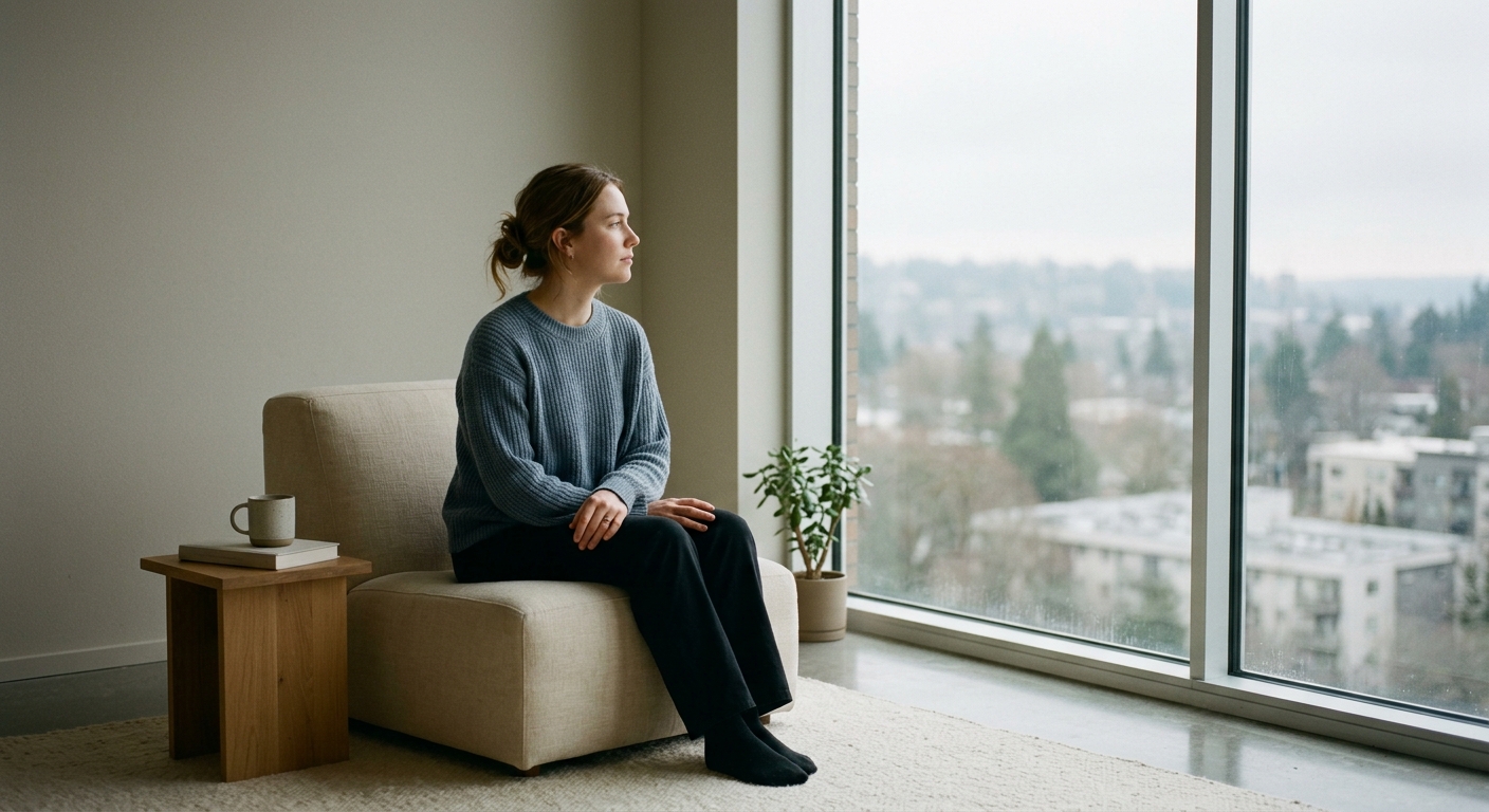 Persona asseguda davant d’una finestra en un espai sobri, en actitud de pausa i introspecció.