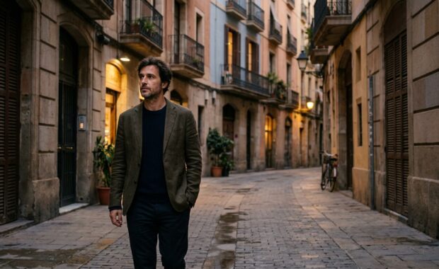 Home caminant sol per un carrer tranquil de Barcelona al capvespre, en una atmosfera de crisi vital i desorientació serena.