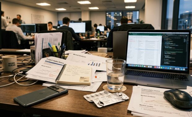 Detall de taula d’oficina amb papers, telèfon i un blíster de pastilles suau al costat de l’aigua.