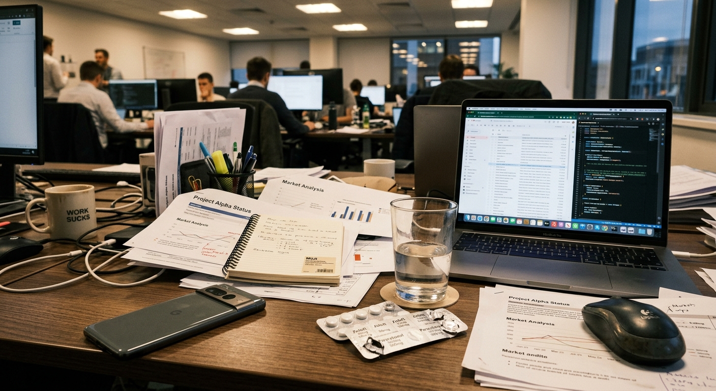 Detall de taula d’oficina amb papers, telèfon i un blíster de pastilles suau al costat de l’aigua.