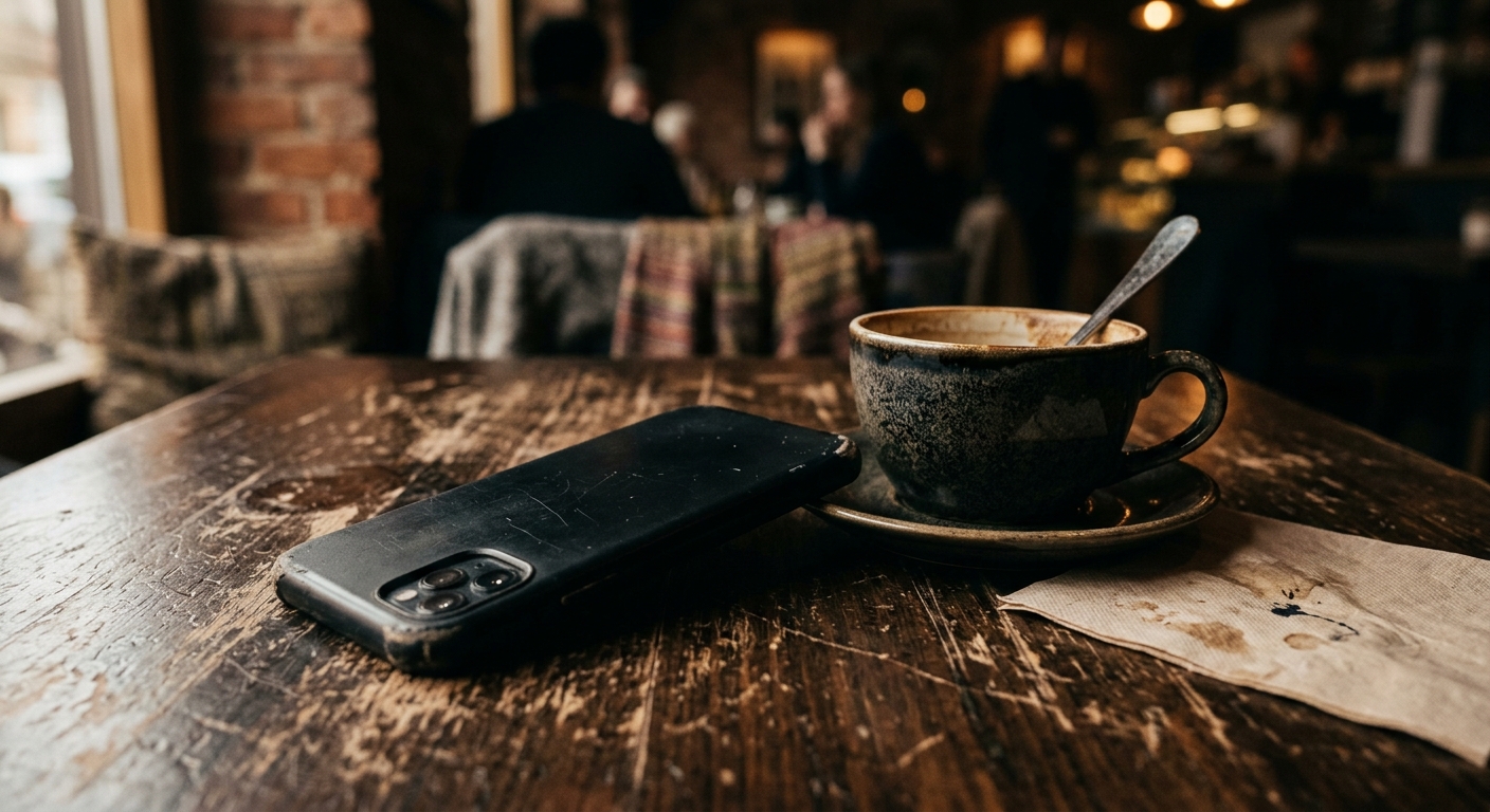 Telèfon mòbil cap per avall en una taula de fusta al costat d’un cafè mig pres.