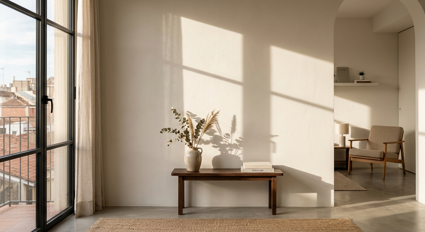 Espai interior serè a Barcelona amb llum de la tarda i ombres estructurades, evocant pau mental.