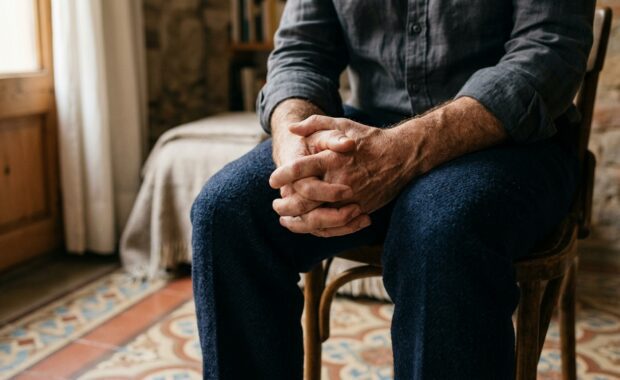 Mans d'home repenjades sobre els genolls en un interior Barcelona, amb tensió continguda.