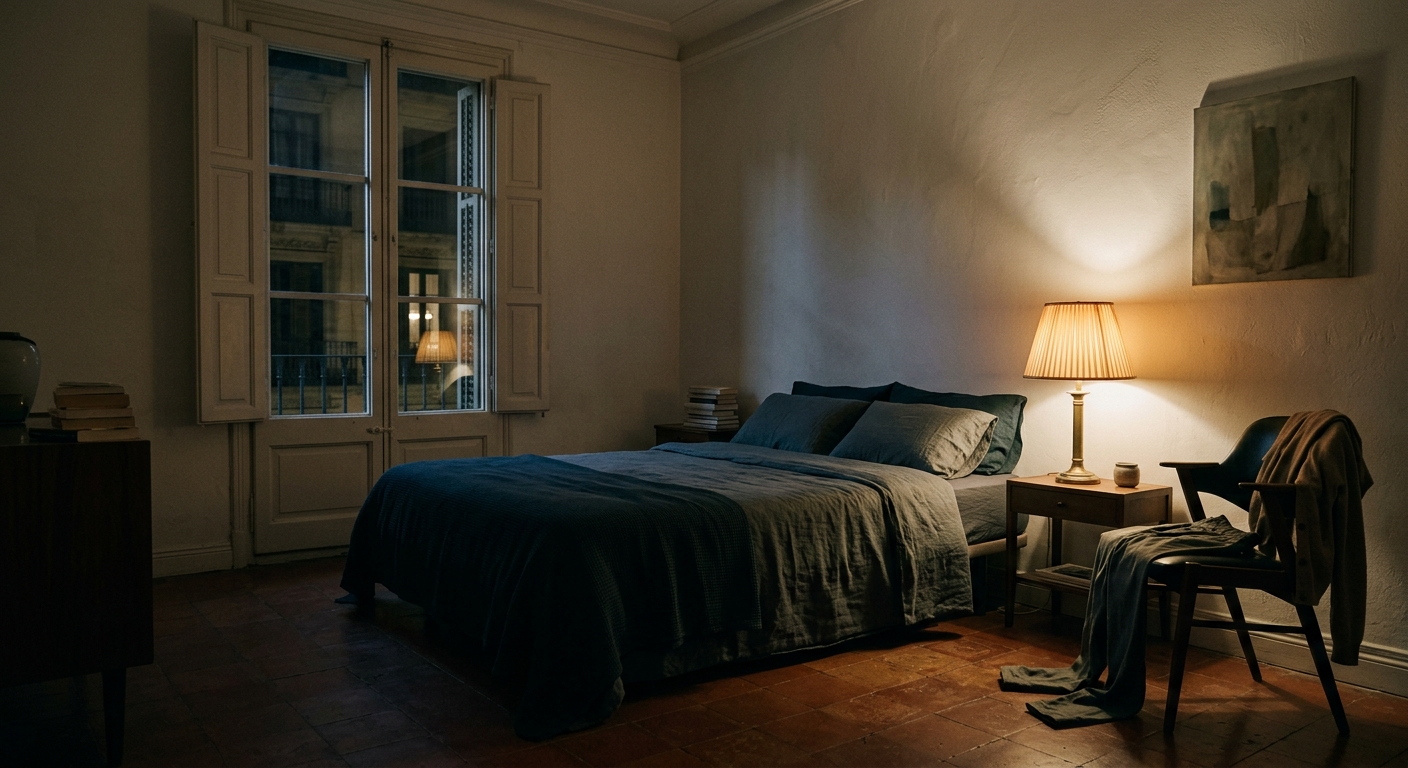 Habitació de parella de Barcelona a les fosques amb el llit fet i una làmpada de meseta encesa.