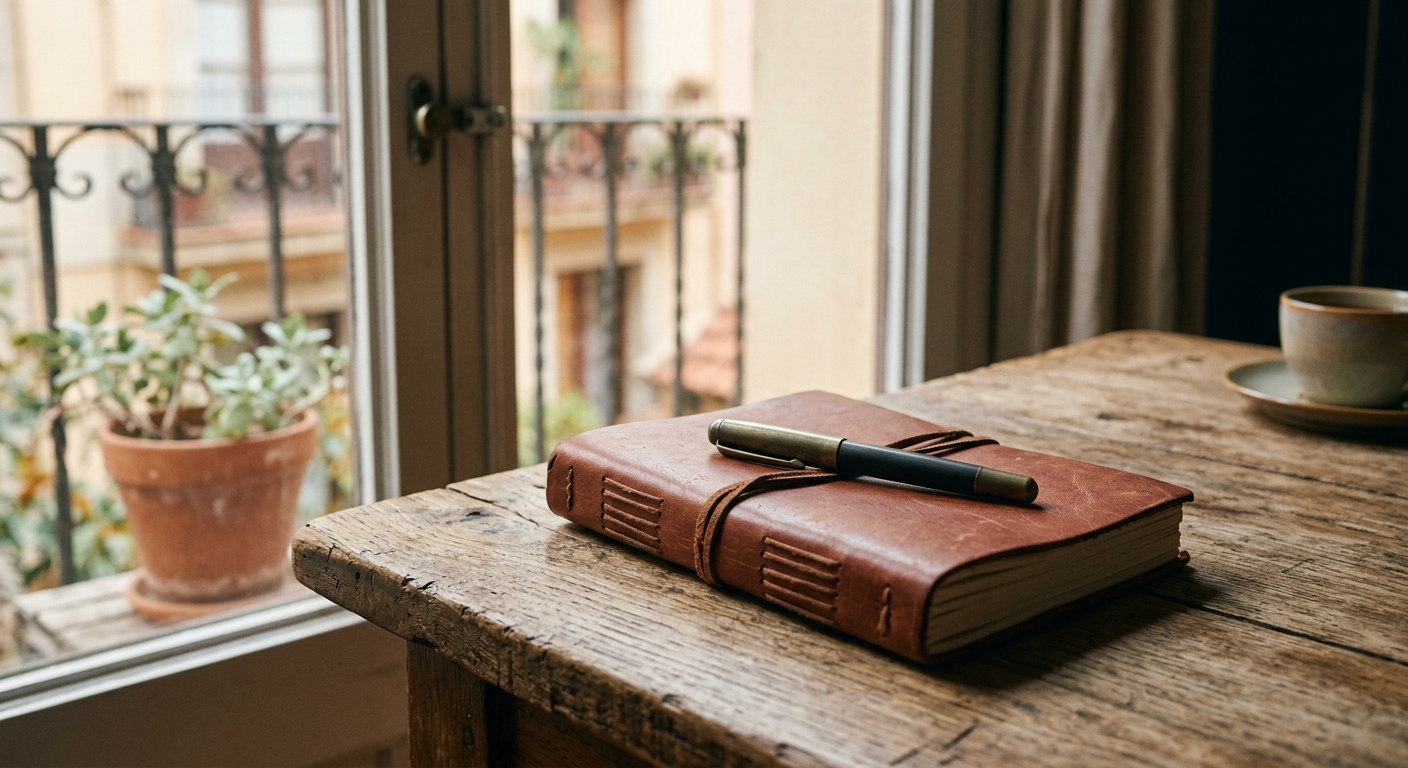 Quadern tancat amb un bolígraf al damunt en una taula de fusta amb llum del matí.