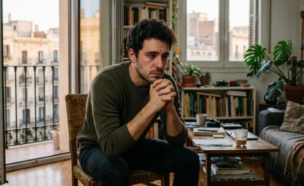 Retrat d'home en un interior de Barcelona mostrant fragilitat emocional i tensió continguda.