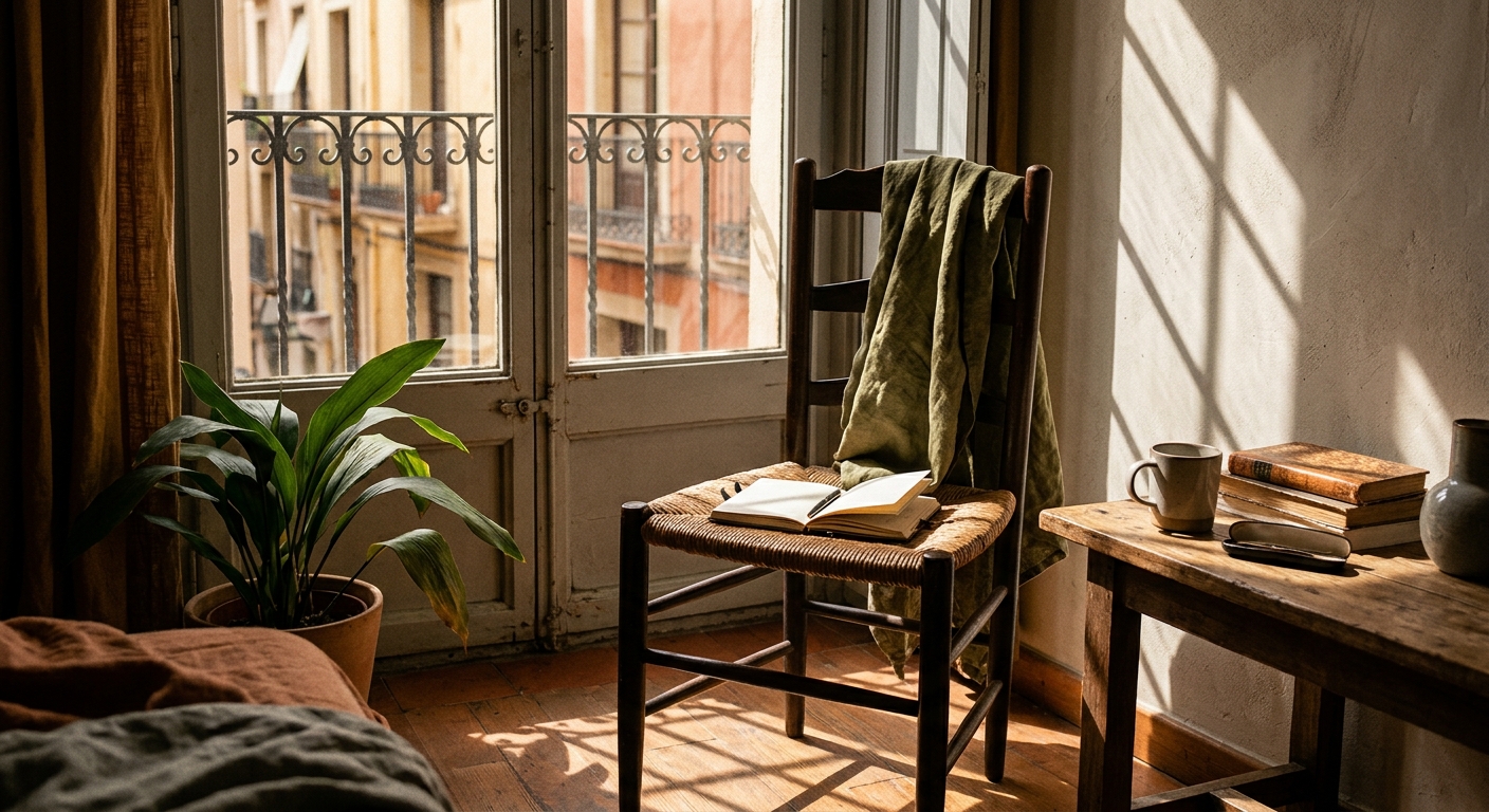 Cadira buida al costat d'una finestra amb ombres marcades, evocant un sistema d'alerta.