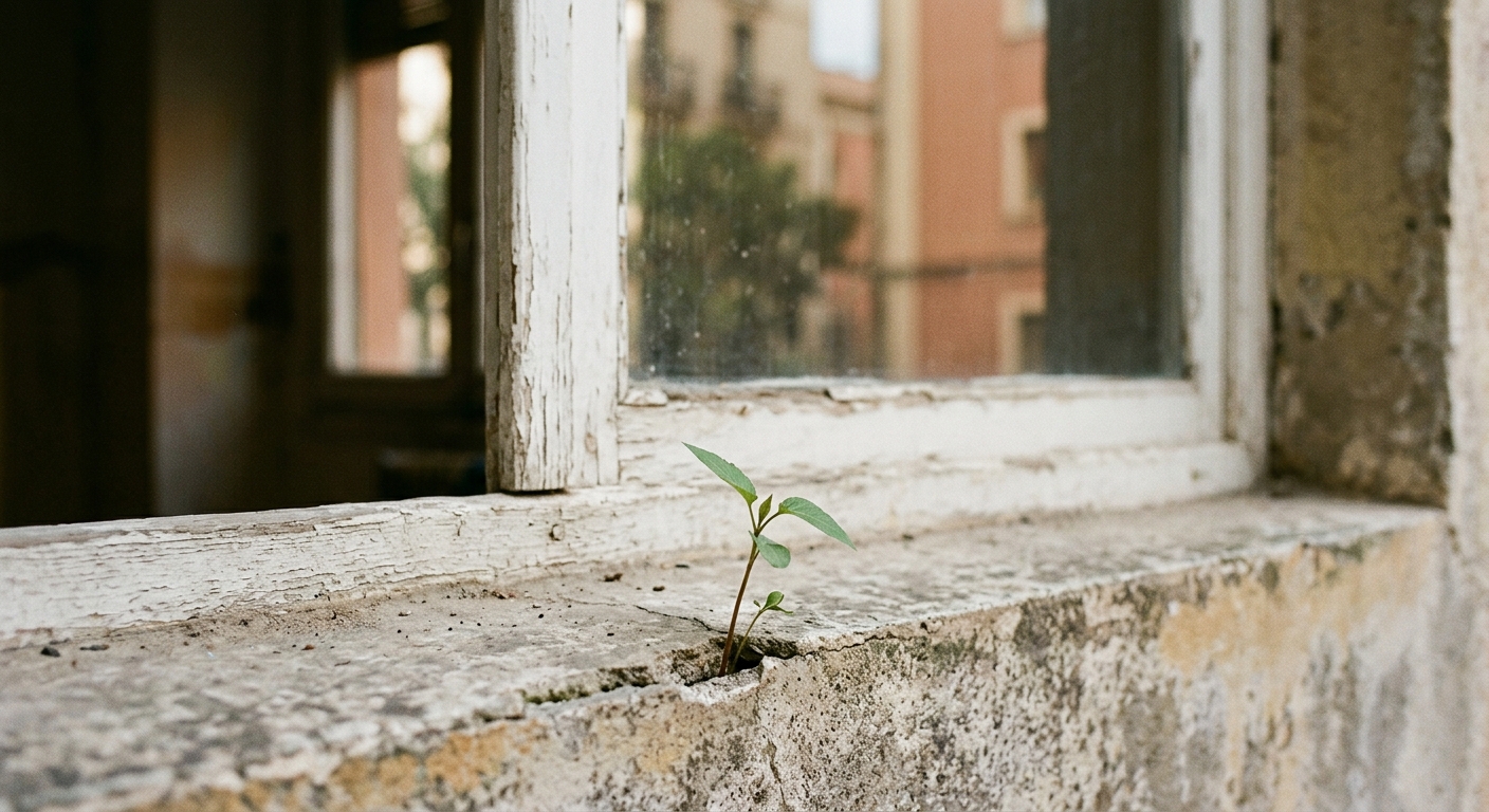 Petit brot o planta d'interior a contrallum suau, simbolitzant el procés de creixement i deixar de lluitar contra un mateix.