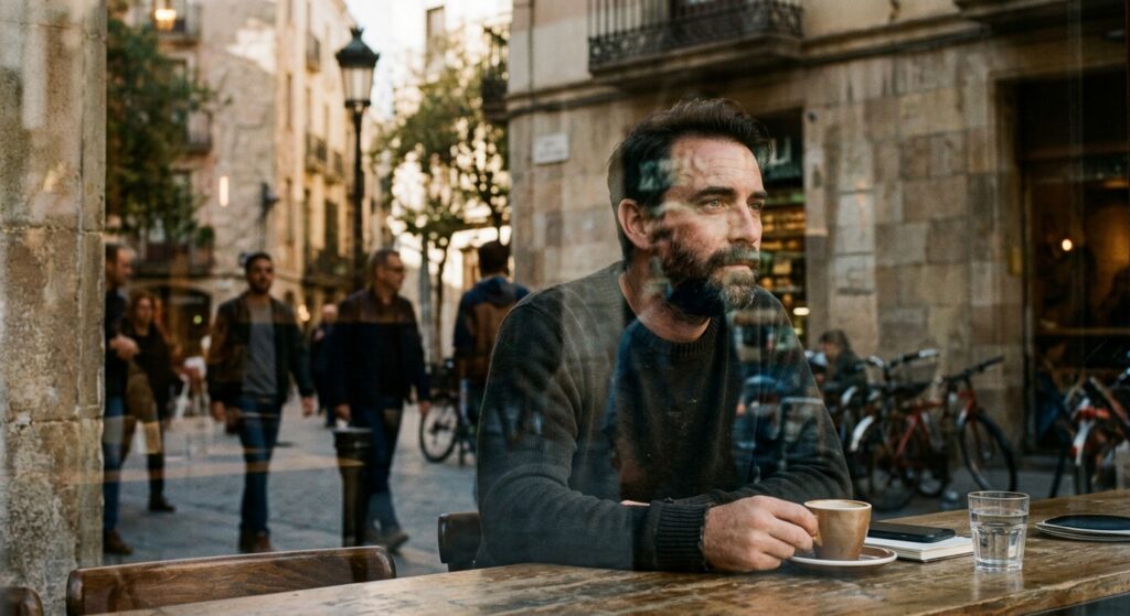 Home mirant a través del reflex d'un vidre, buscant definició entre els reflexos.