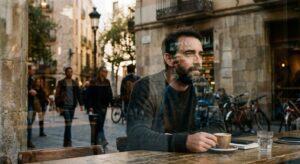 Home mirant a través del reflex d'un vidre, buscant definició entre els reflexos.