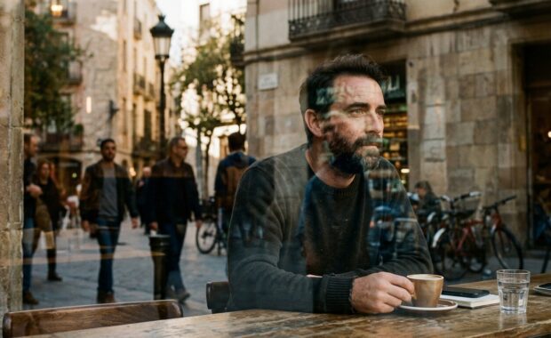 Home mirant a través del reflex d'un vidre, buscant definició entre els reflexos.