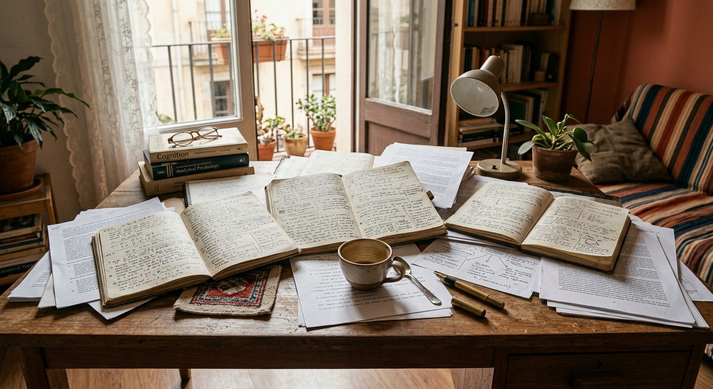 Escriptori de fusta saturat de llibretes i papers solts, símbol de sobreanàlisi i esgotament mental.