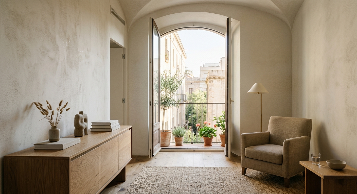 Espai net i serè banyat per una llum natural clara i estructurada, transmetent calma i la tolerància al no-saber immediat.