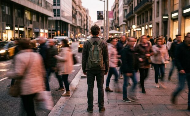 Home aturat d'esquena al mig d'un carrer ple de gent en moviment borrós.