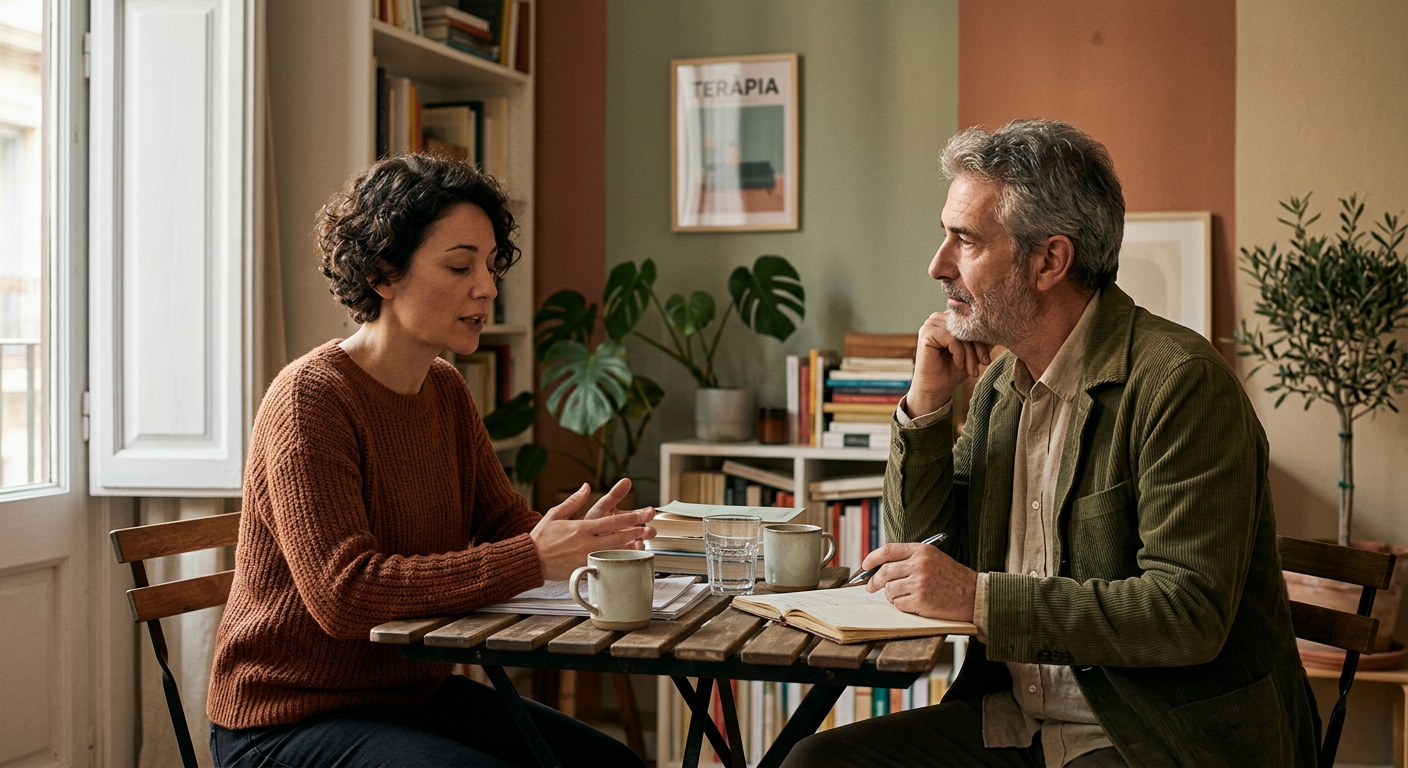 Dues persones conversant honestament en una taula sota llum càlida de Barcelona.