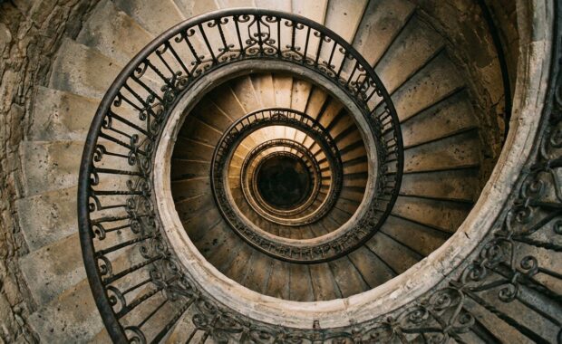 Escala de caragol vista des de dalt, creant un vòrtex visual de pedra i ferro forjat.