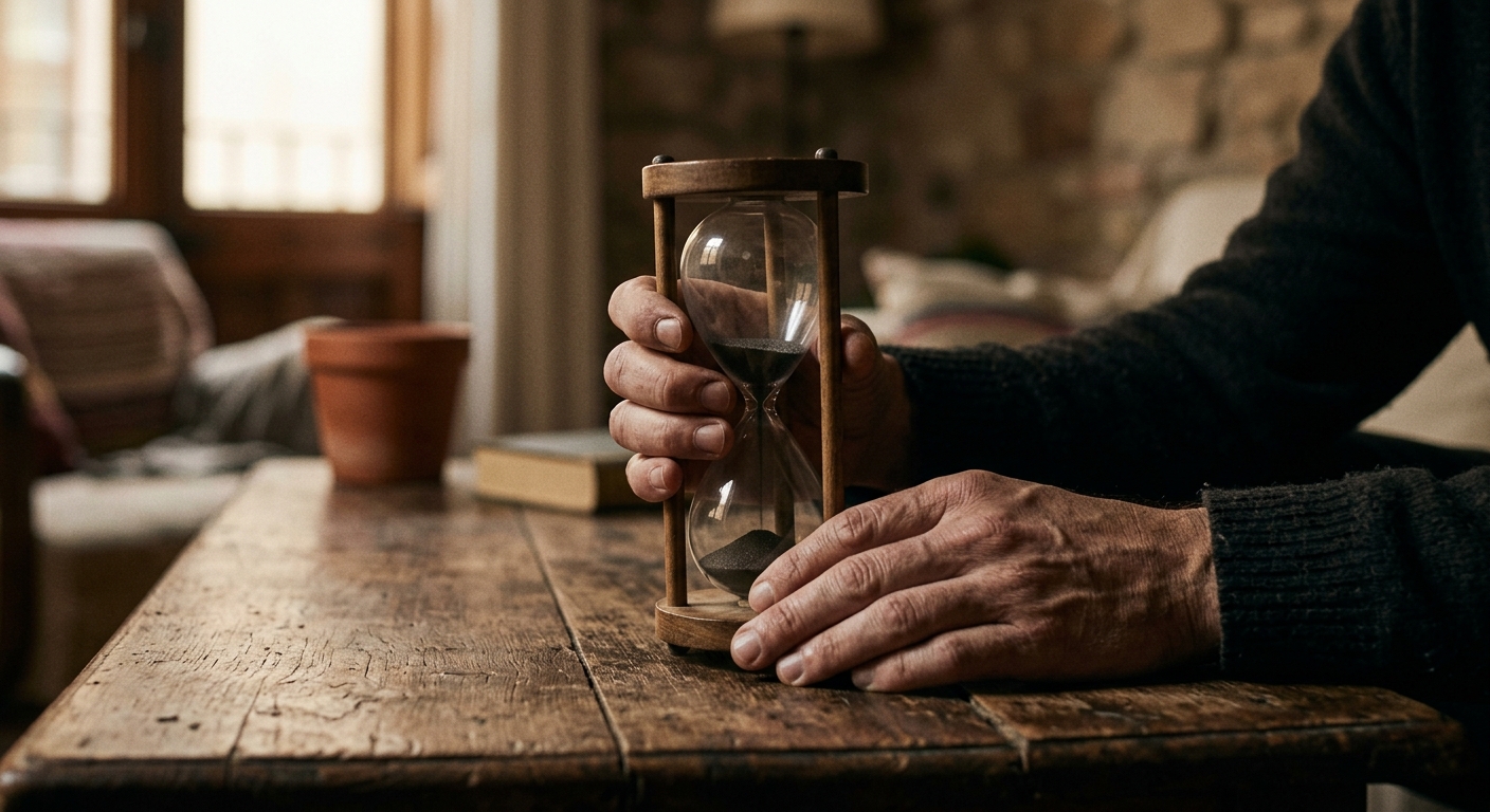 Mans masculines subjectant un rellotge de sorra gairebé buit sobre fusta texturada.