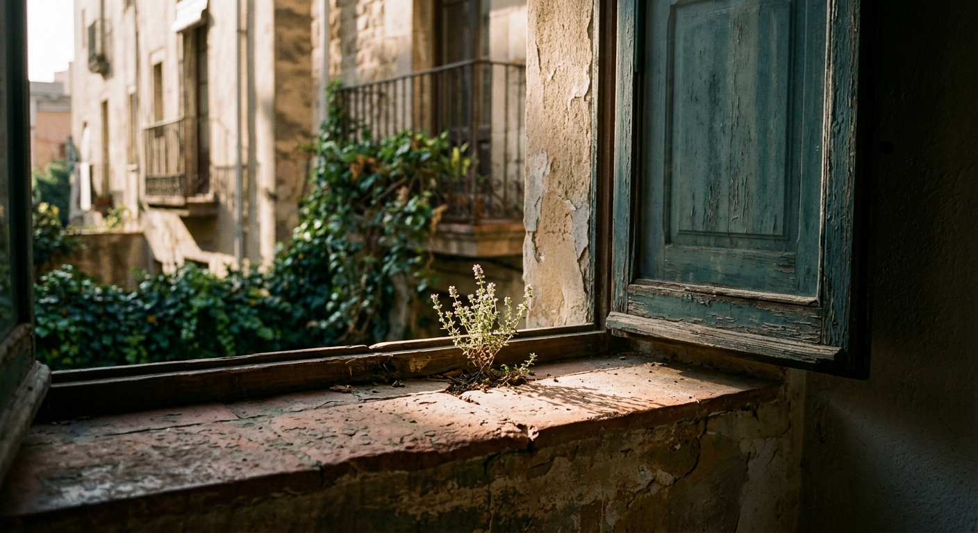 Finestra amb persianes de fusta obrint-se, deixant entrar un raig de llum matinal sobre una herbeta silvestre.