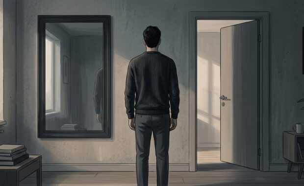 Figura en un interior entre mirall i llindar, metàfora del pas de la comprensió al canvi