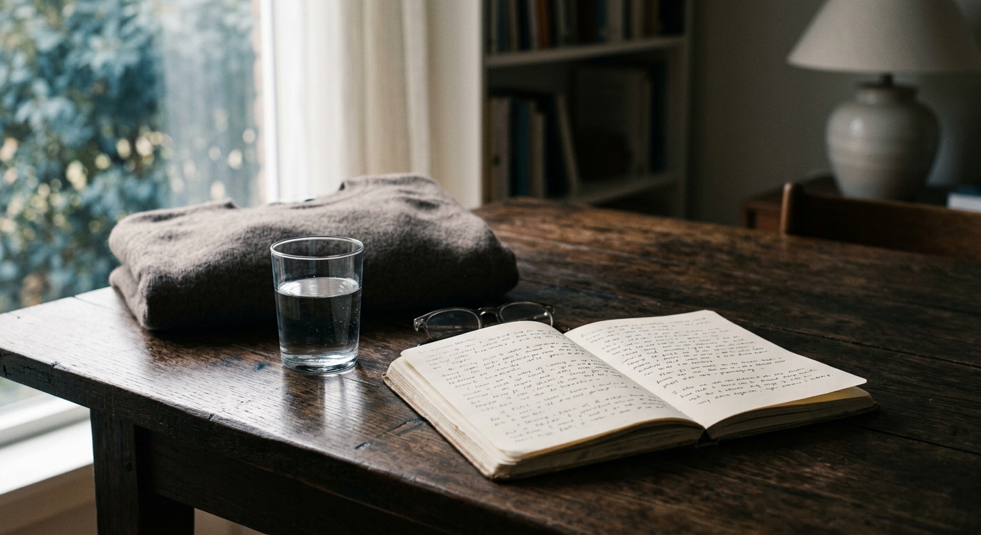 Llibreta de reflexió sobre una taula en una escena íntima i sòbria