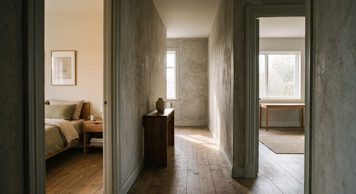 Passadís amb llum suau i dues estances com a metàfora del canvi intern