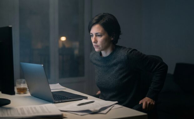 Persona sola treballant de nit davant d’un escriptori, amb una atmosfera de pressió interna i autoexigència laboral.