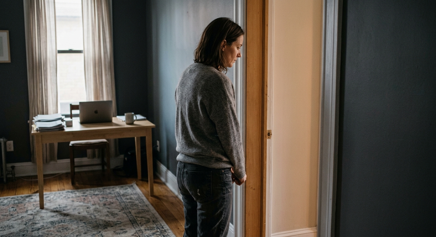 Persona aturada al llindar d’una porta, amb l’espai de treball al fons, en un instant de pausa i reorientació.