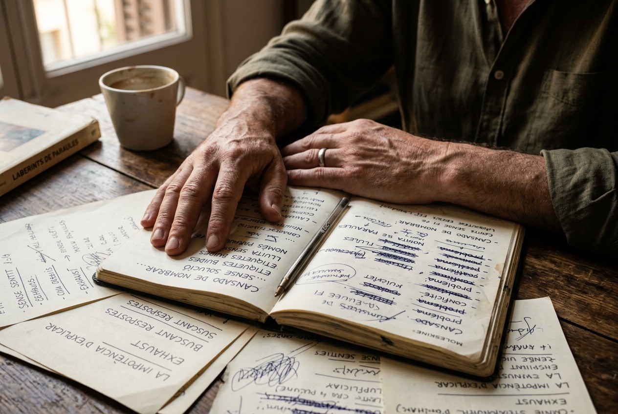 Mans sobre notes escrites, fatiga d'etiquetes