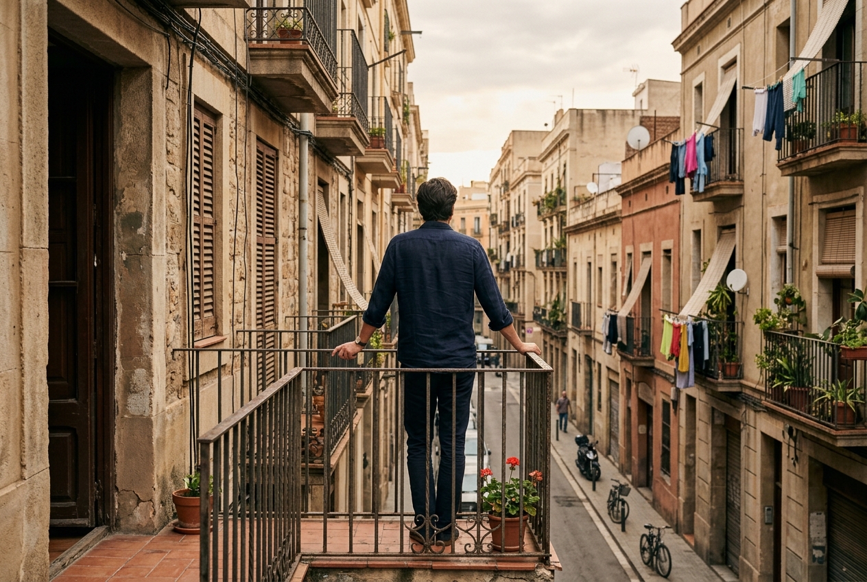 Home de perfil al balco, distancia entre el que es mostra i el que se sent