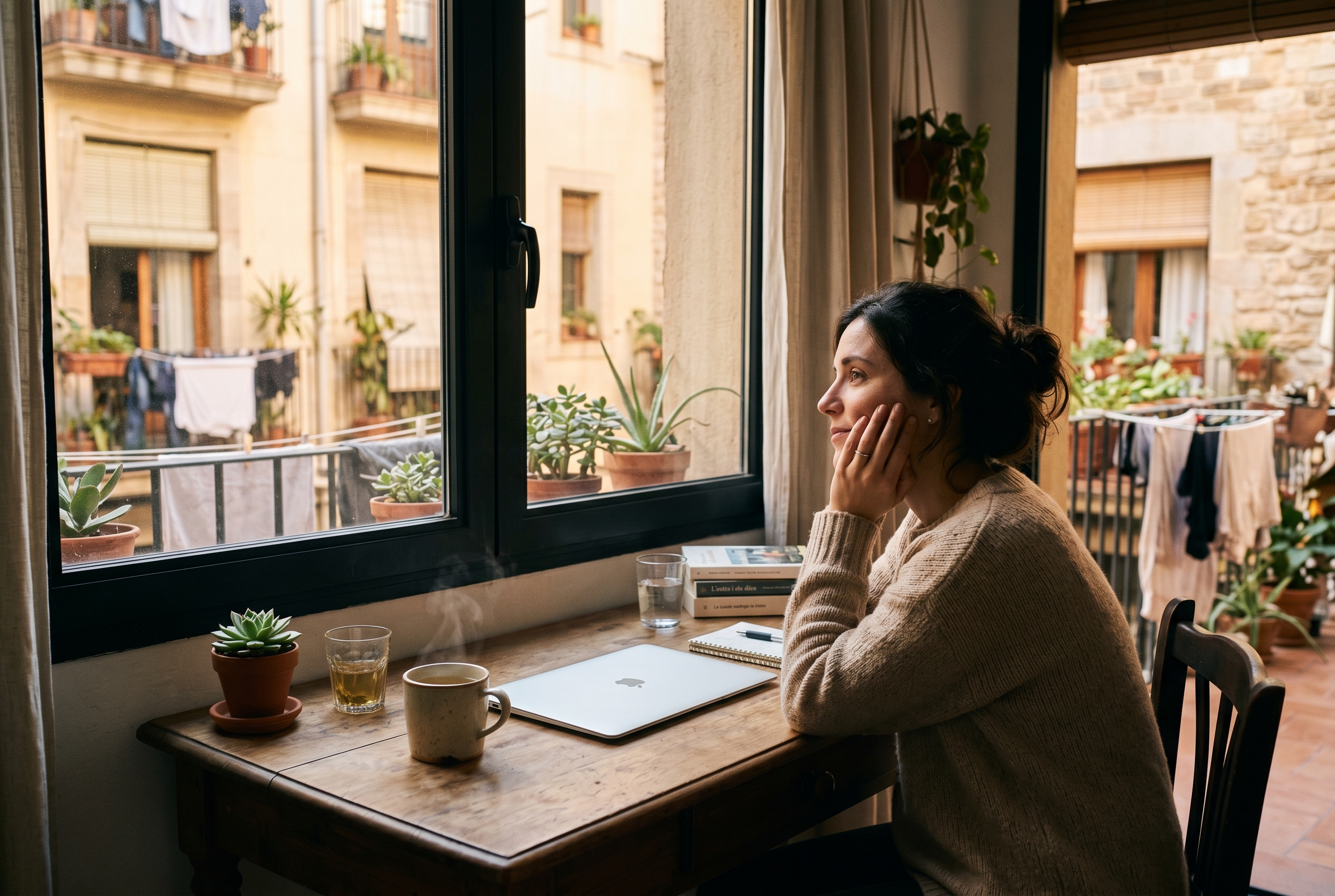 Escritorio de casa con luz dorada de atardecer barcelones
