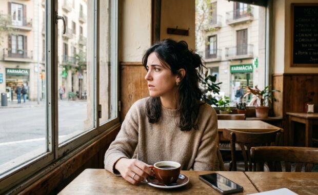 Persona pensativa junto a una ventana