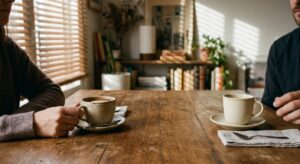 Dues tasses amb espai buit entre elles, distancia emocional silenciosa