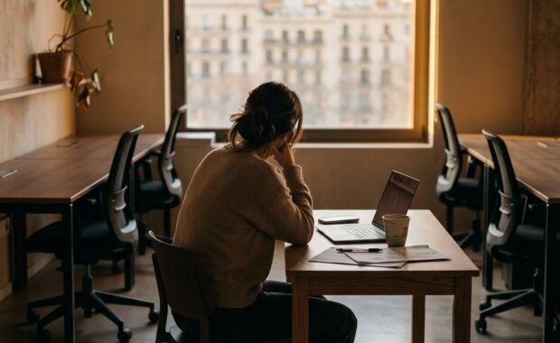 Crisi laboral i sistema: persona asseguda sola en un despatx buit, llum de tarda