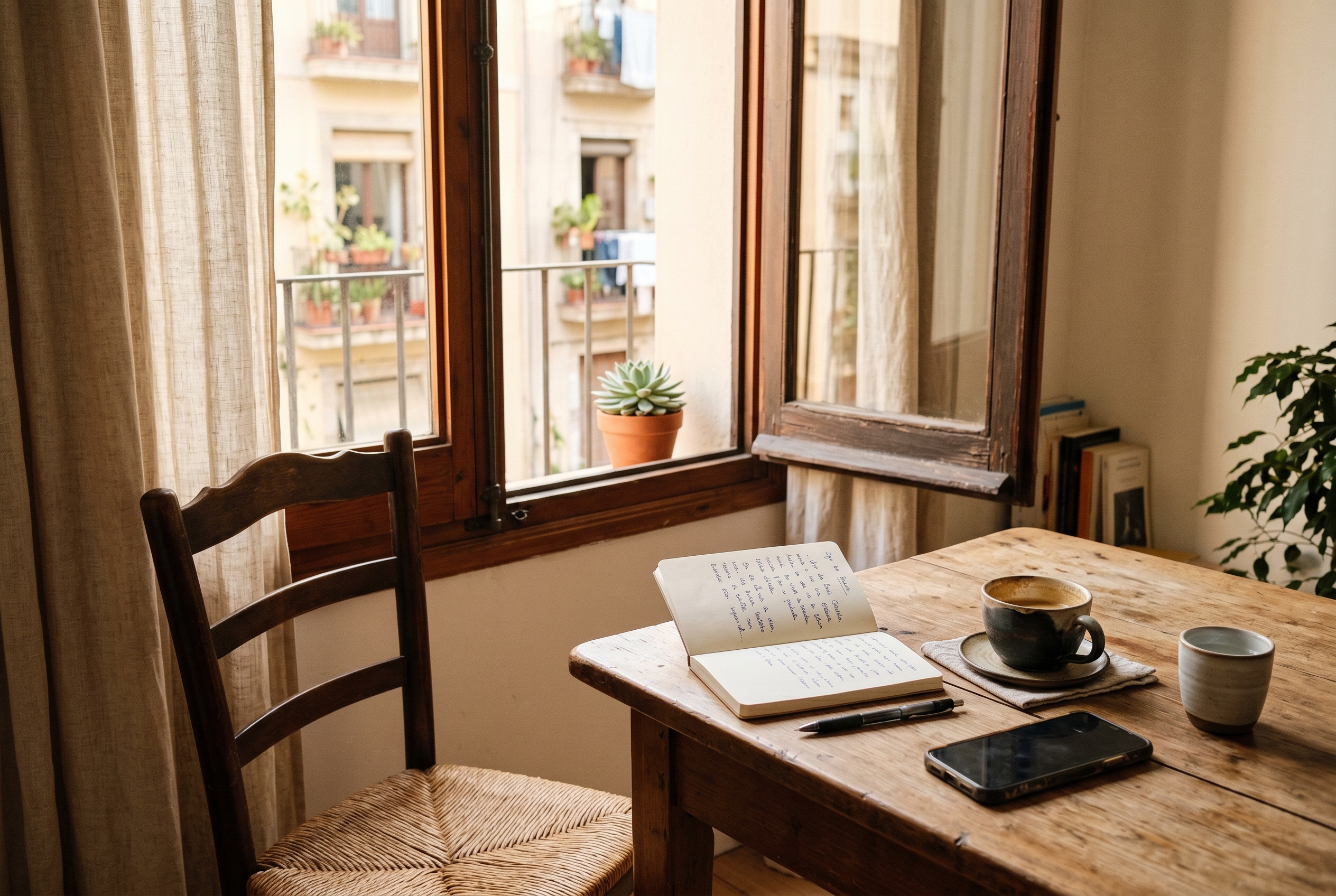 Racó interior amb llibreta i cafè — moment de claredat