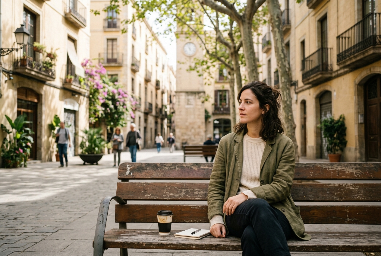 Persona asseguda en un banc d’una plaça tranquil·la