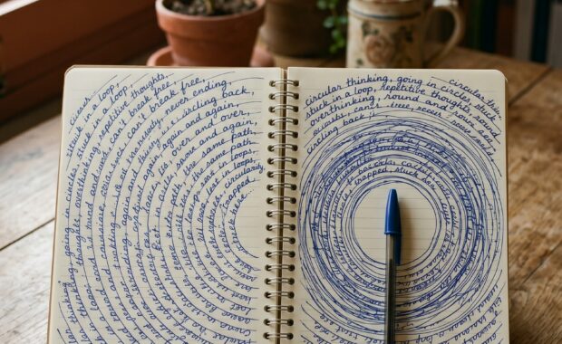 Rumiació ansiosa: quadern espiral amb escriptura circular, el bucle del pensament