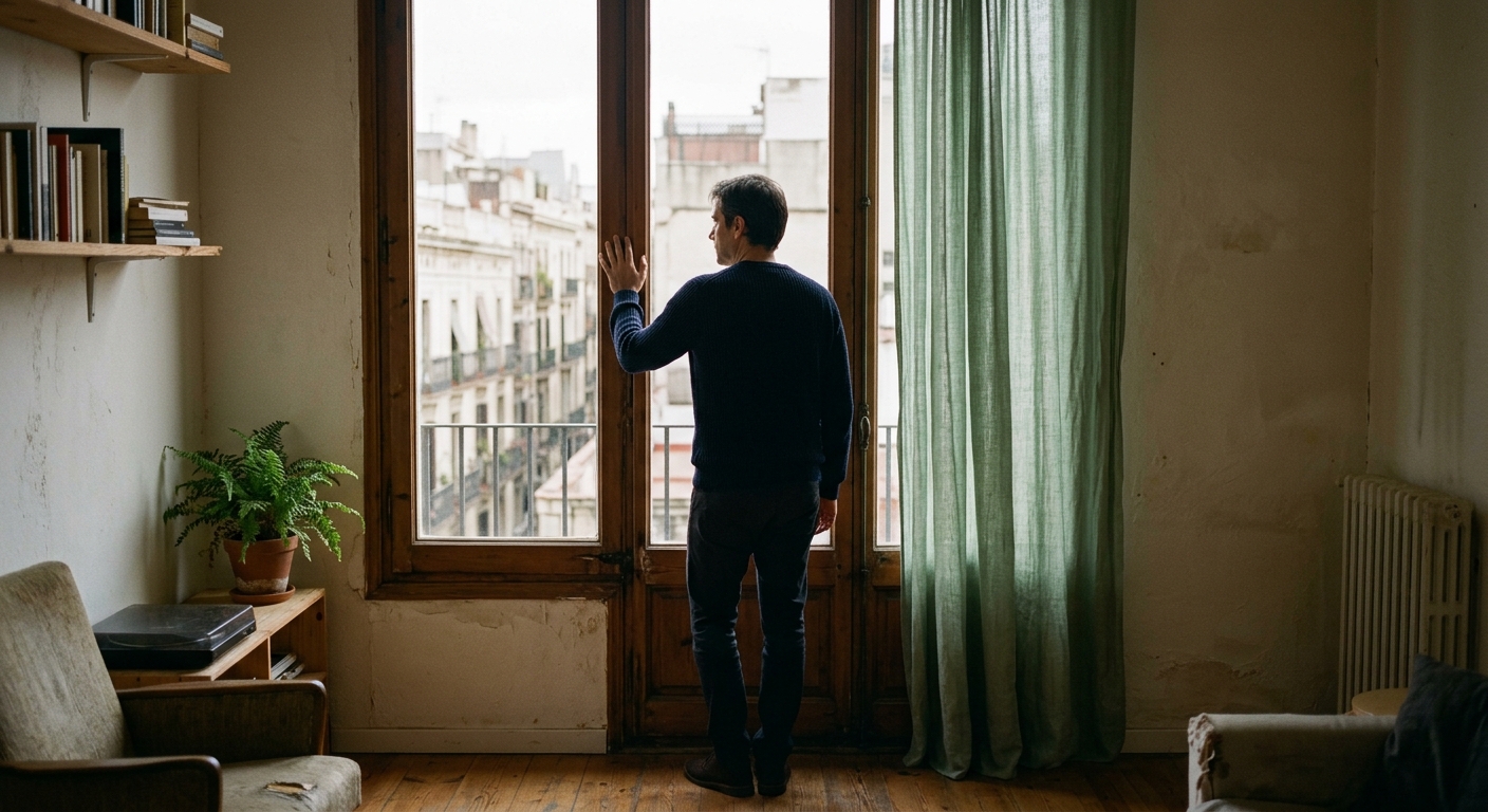 Home d'esquena vora una finestra, interior Barcelona
