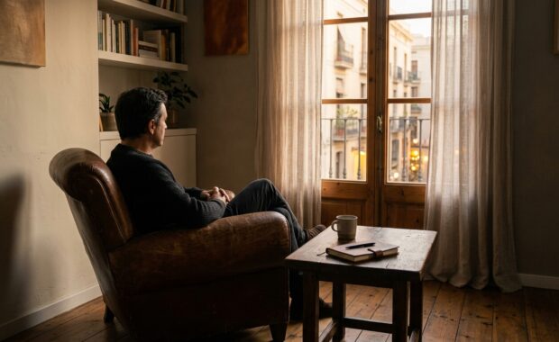 Home assegut en una butaca de cuir, mirada perduda cap a una finestra, immers en un pensament circular.