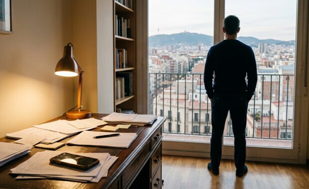 Figura masculina d'esquena davant d'una finestra, en un interior càlid amb escriptori desordenat.