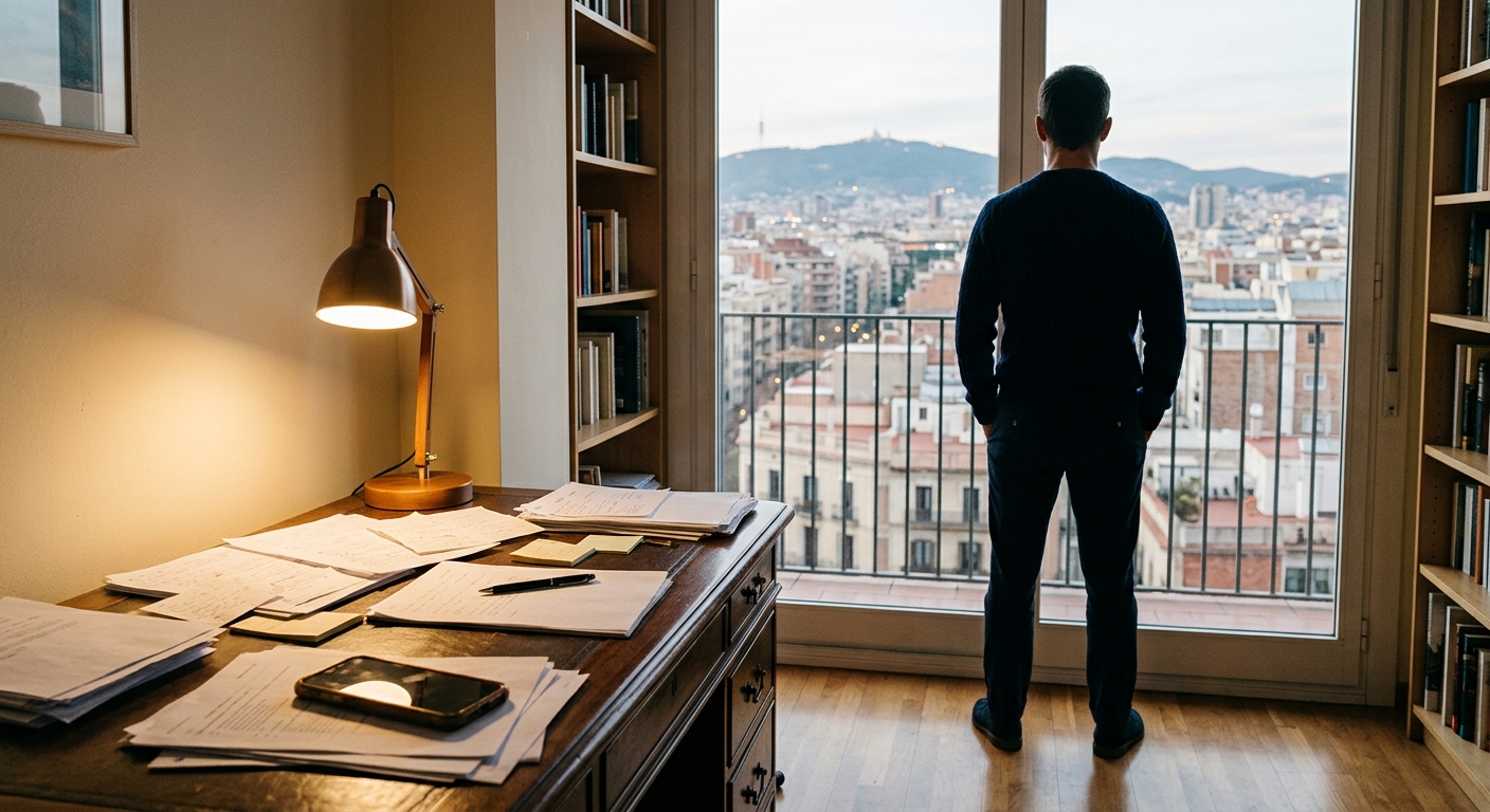 Figura masculina d'esquena davant d'una finestra, en un interior càlid amb escriptori desordenat.
