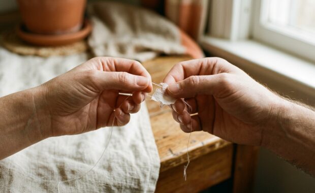 Primers plànol de mans que subjecten un fil prim o paper que es desfa, en un interior càlid. Gest d'aferrar-se i deixar anar alhora.