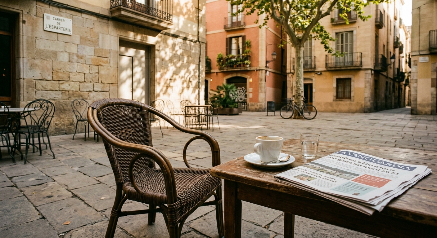 Cadi buida en una terrassa de cafè barceloní al matí, transició i partida