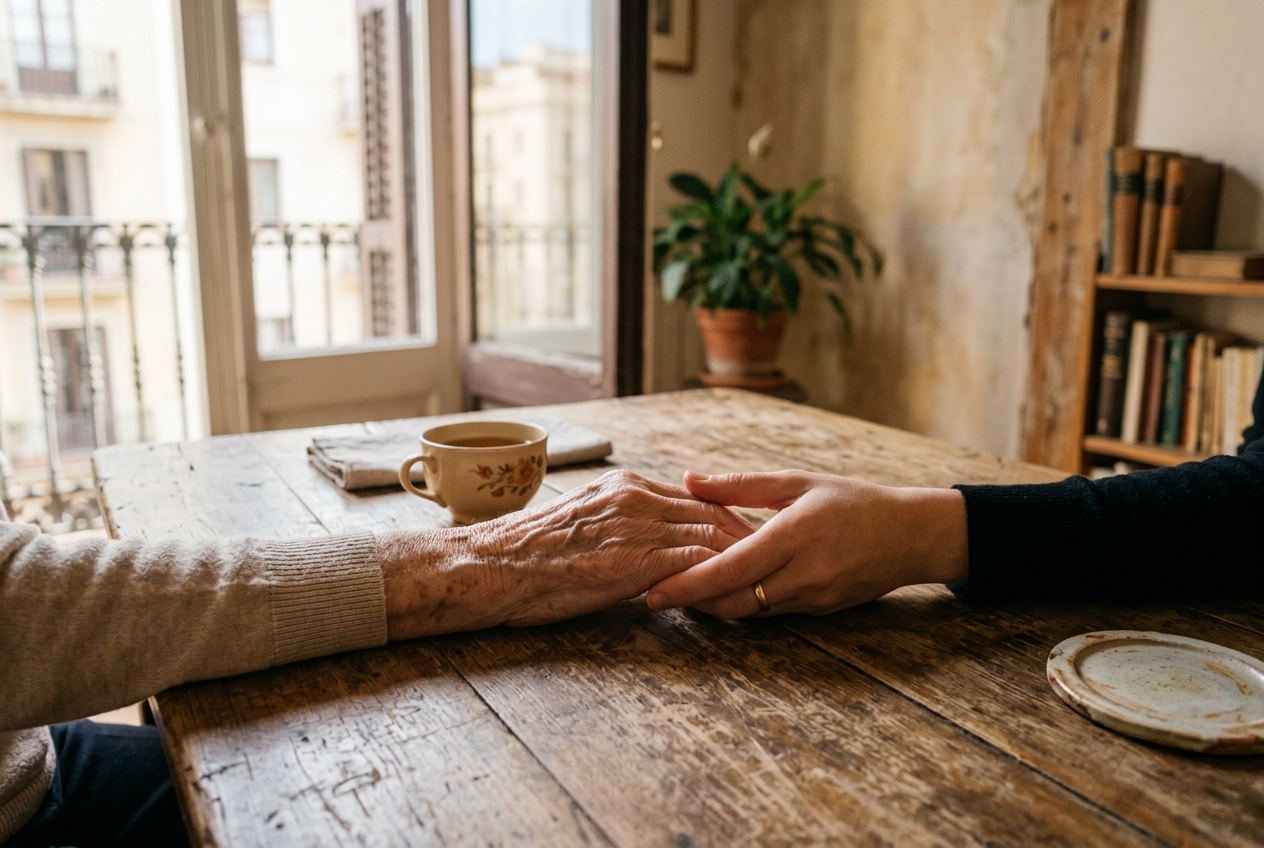 Dos manos que se sostienen sobre una mesa de madera vieja, vínculo frágil entre dos generaciones